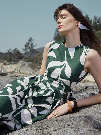 Aveloria Modichic Women's Drapey Woven Fabric A-Line Fit Sleeveless Round Neck Cinched Waist With Pleated Hem Large Plant Leaf Print Elegant Vacation Retro Fresh Green Dress Vacation Outfits For Women Summer Dresses For Women Elegant Dress For Women Green Dress