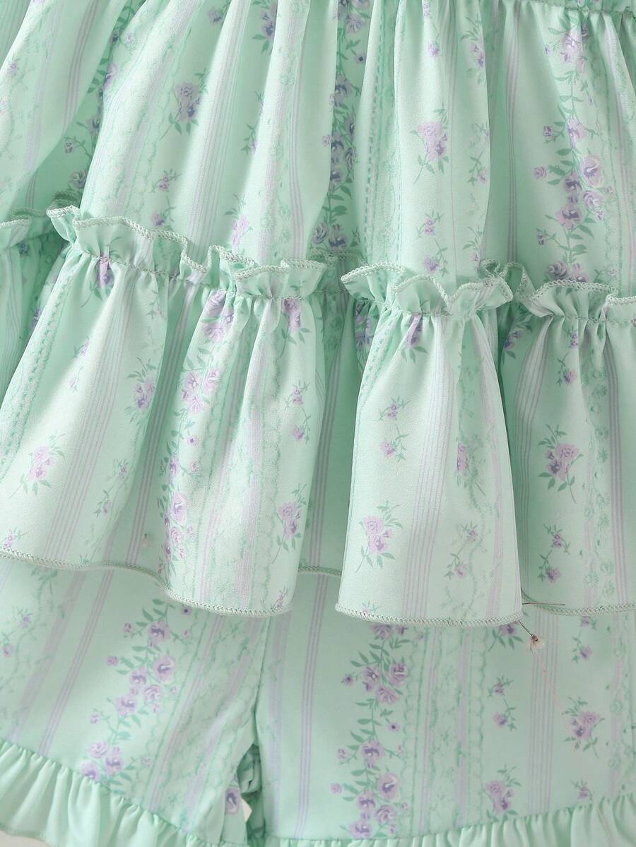 SHEIN Glamorique Kids 女婴优雅可爱刺绣彼得潘领背心短裤套装,适合夏季日常外出、度假和公园活动。 - 綠色 - 查看 1