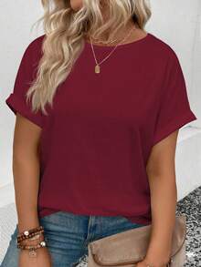 EMERY ROSE Plus Size Women Summer Loose Casual Round Neck T-Shirt - Burgundy - View 1