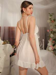 Women's Summer Mesh Contrast Lace Ruffle Hem Camisole Nightgown - White - View 3
