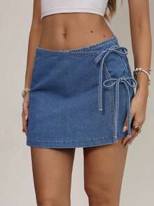 Sunnyshic Women's Knotted Versatile Casual Denim Mini Skirt - Blue - View 3