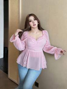 Vibekara New Arrival Sweet Elegant Chiffon & Lace Patchwork Puff Sleeve Blouse, Ruffle Hem Cropped Shirt For Women, Suitable For Spring, Summer, Fall - Pink - View 3