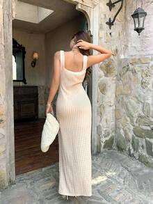 Serisse Women's Elegant Solid Color Textured Split Dress, Summer,Summer Dresses For Women - Apricot - View 2