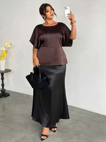 Firerie Áo kiểu nữ thanh lịch, lãng mạn, thường ngày, màu nâu cà phê, cổ tròn, tay cánh dơi, thắt eo, dáng chữ X, phù hợp cho giáo viên, mùa xuân/hè. - Cà phê nâu - Xem 5