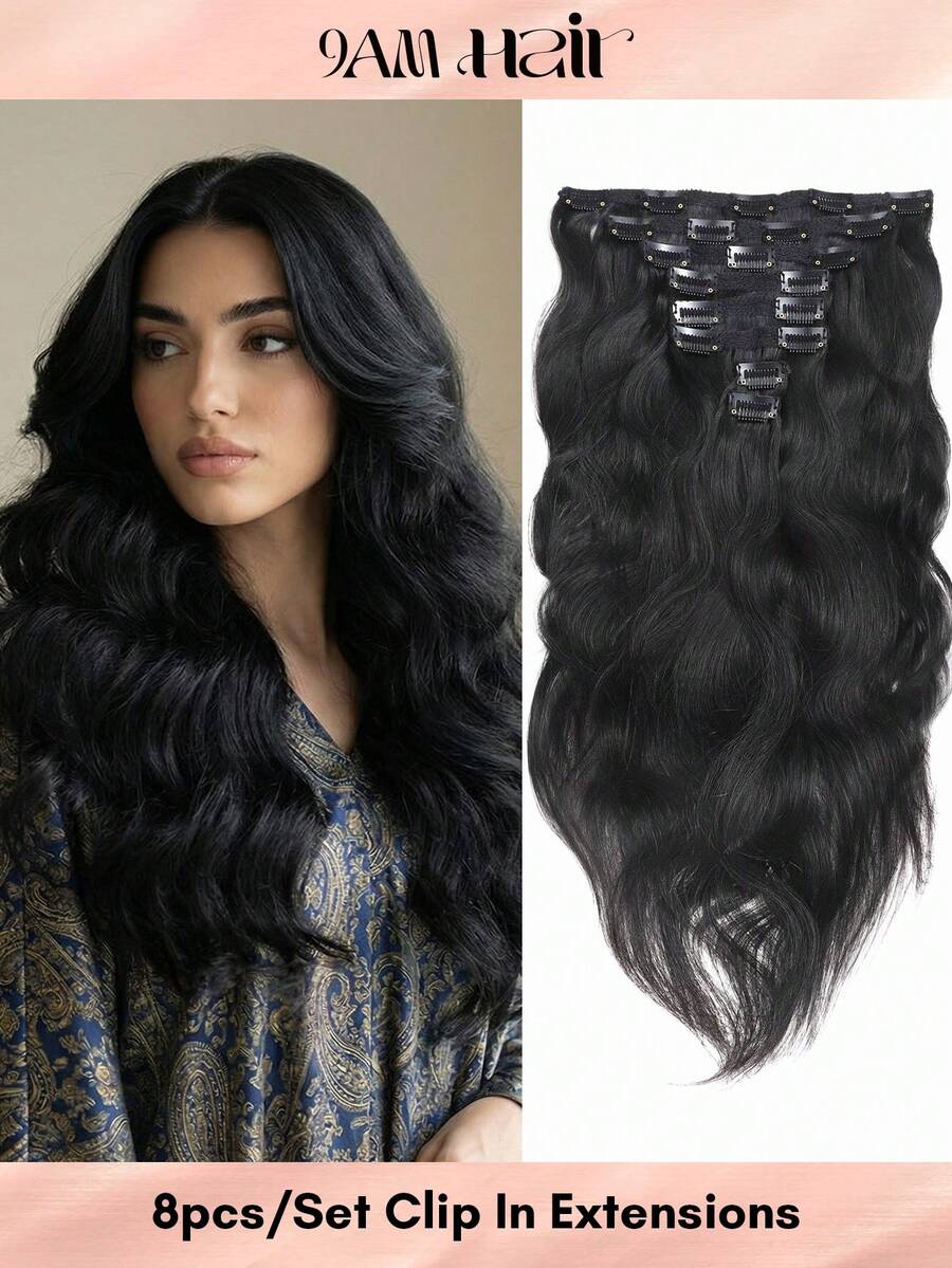 120g Body Wave 8Pcs One Set Clip In Hair Extensions Natural Wave Human Hair Clip Ins Double Weft Straight Extensions - Natural Black - View 1
