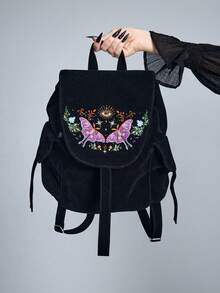 ROMWE Flower Type: 1689137 High Quality Embroidery Thread Sun Star Moon Moth Mushroom Plant Pattern Backpack Dark Goth Backpack - bright black - View 2