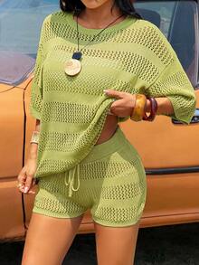 SHEIN EZwear Bộ đồ nữ màu trơn khoét lỗ vai rớt và quần short dệt kim, kiểu dáng thường ngày. - màu xanh lá - Xem 7