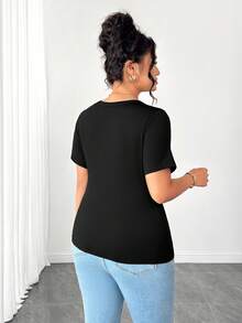 Elenzga Áo thun nữ cỡ lớn, màu trơn, khoét lỗ, thích hợp mặc đi làm hàng ngày. - màu đen - Xem 2