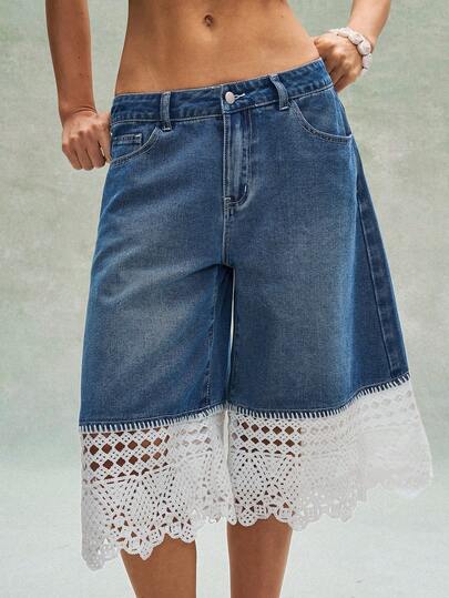 Bohemela Casual Woven Denim Patchwork Lace Trim Loose Women Pants