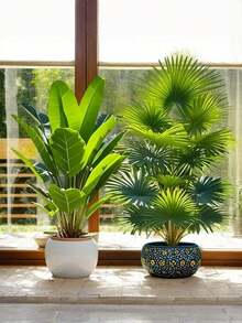 2棵人造棕榈树，抗紫外线，室内外皆宜，落地式，高大绿植，建筑风格，热带风情，家居装饰，客厅、办公室、酒店大堂、婚礼拱门、节日派对装饰，两棵仿真植物套装，大型装饰摆件，现代风格，低维护，无需浇水，常绿，逼真自然，适用于露台、阳台、花园、商业装饰 - 綠色 - 查看 7