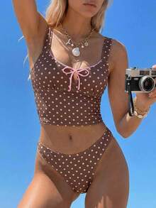 Swim Mod 女士夏季沙滩度假波点印花撞色扭结吊带泳衣 女士泳衣 两件式泳装 女士两件式泳装 波点女士泳衣 波点两件式泳装 - 棕色 - 查看 5