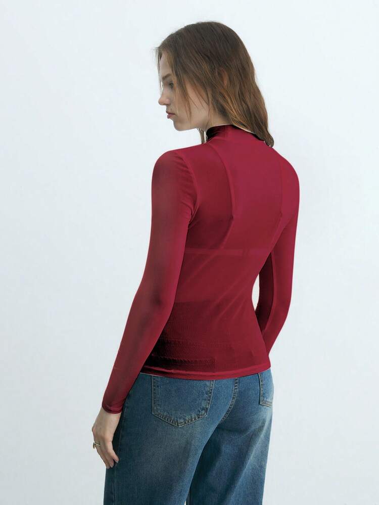 SHEIN Maija Women's Slim Fit See-Through Mesh Top With Stand Collar,Burgundy Autumn Chic Night Out,Spring & Summer Wedding Guest,Host,Party,Concert,Brunch,Date