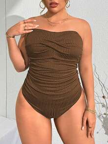 SHEIN Swim Curve Plus Size Women's Solid Color Spaghetti Strap Spaghetti Strap One-Piece Casual Swimsuit, Vacation Fashion - Brown - View 5