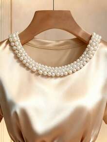 Franclia Satin Crepe Round Neck Beaded Puff Sleeve Waist Pleated Elegant Dress, Suitable For Summer Holiday, Elegant Party, Shiny Dress, Wedding Guest Dress - Apricot - View 6