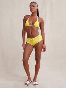 NYA SZN Swim Two Pieces String Bikini Short Cheeky Set Sporty Striped Beach Vacation Red Swimwear Outfits For Women - Yellow - View 3