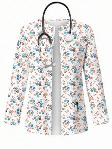 PopScrub 碎花图案护士服外套，春夏时尚开衫，带垂耳设计，适合女性护士穿着，白色碎花图案。 - 彩色 - 查看 1