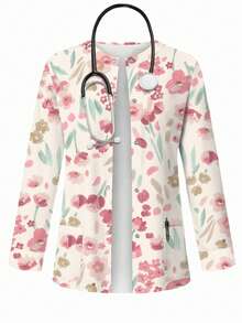 PopScrub Tulip Floral Print Scrub Jacket,Women Summer Nurse Uniform Top,Spring Botanical Pattern Light Pink Cardigan,Schoolgirl,Work  Hanging Earrings Design - Multicolor - View 1