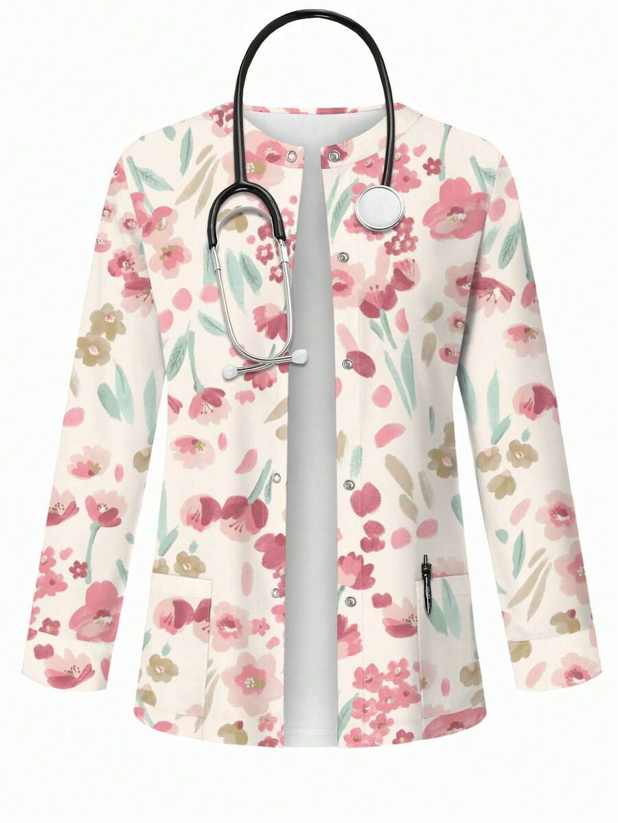 PopScrub Tulip Floral Print Scrub Jacket,Women Summer Nurse Uniform Top,Spring Botanical Pattern Light Pink Cardigan,Schoolgirl,Work Hanging Earrings Design - Multicolor - View 1