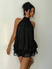 Aloruh Đầm ngắn cổ yếm màu đỏ thanh lịch dành cho nữ, thích hợp cho ngày Valentine. - màu đen - Xem 7