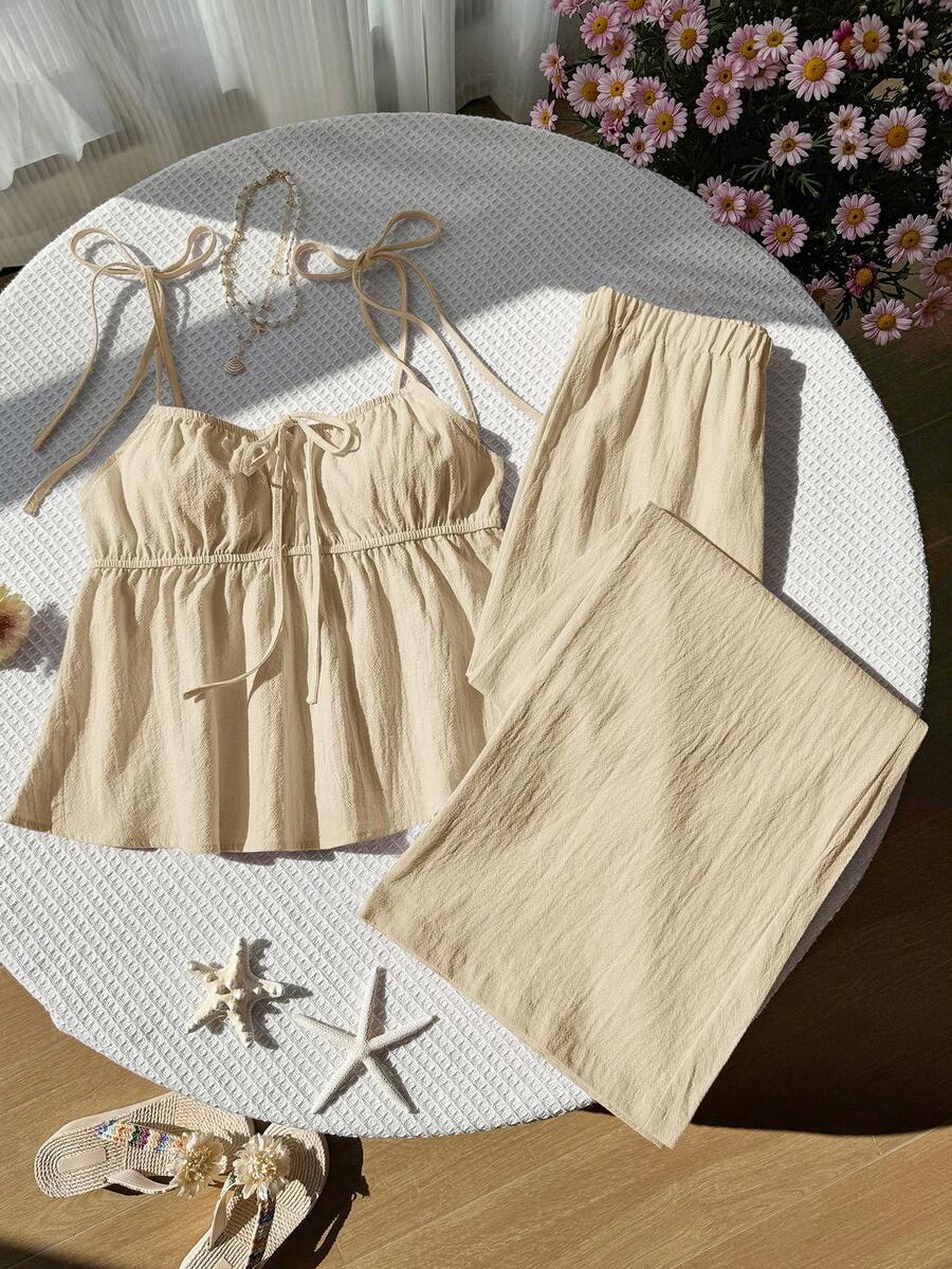 Comfortcana Women's Apricot Linen Camisole And Pants Set - Apricot - View 1