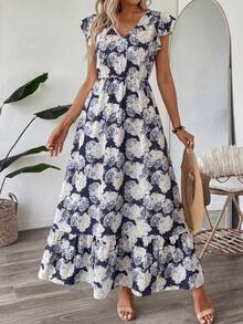 SHEIN LUNE V领荷叶边装饰短袖及下摆女士休闲度假连衣裙，印花图案 - 彩色 - 查看 4