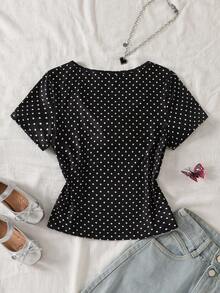 SHEIN Genkimix Kids 优雅休闲基础款纯色针织短袖修身T恤，腰部褶皱装饰，百搭组合装，适合青少年和女性，多色可选，情人节礼物 - 黑與白 - 查看 2