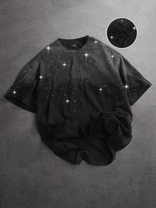 Manfinity LEGND Men's Casual Fashionable Street Daily Commute Letter & Star Embroidery Ombre Washed Rhinestone T-Shirt, Summer - Black - View 1