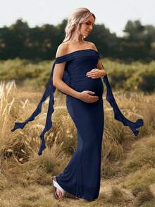 SHEIN Cherish Maternity Solid Color Off-Shoulder Backless Maxi Dress, Maternity Photography Gown - Navy - View 4