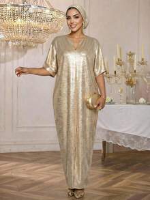 SHEIN Lady 节日连衣裙四季/婚礼宾客/教堂服装/舞会礼服/金色裙子/晚宴服装/金色女士缎面提花前开衩连衣裙，休闲派对优雅 - 金色 - 查看 6