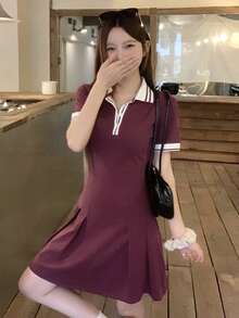 DAZY Đầm ngắn tay cổ bẻ dáng casual dành cho nữ, thích hợp cho mùa hè. - Màu Đỏ Sâu - Xem 4