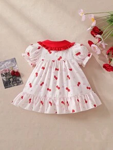 SHEIN Newborn Cute Cartoon Heart Pattern Suspender Bow Decor Princess Dress, Suitable For Spring/Summer Outings, Vacations And Parties - Brown - View 2