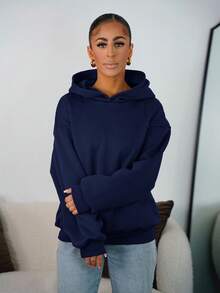 SAYEHFBABY 休闲简约海军蓝连帽长袖宽松厚款卫衣，适合秋冬季 - 藏蓝色 - 查看 4