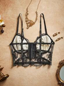 Myrelith Lencería sujetador de malla bordada con flores - Blanco y Negro - Ver 2