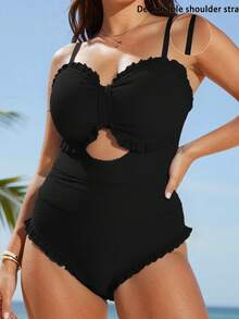 SHEIN Swim Curve 2026新款黑色泡泡提花吊带镂空腰部荷叶边下摆连体泳衣，休闲时尚可爱沙滩度假女装 - 黑色 - 查看 3