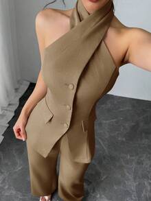 Modelyn 女士纯色露背单排扣上衣和裤子休闲日常两件套 - 卡其色 - 查看 3