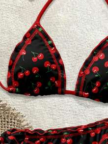 Soleia Retro Casual Red & Black Contrast Cherry Allover Print Women's Swimsuit Set, Suitable For Spring/Summer, Vacation, Island - Multicolor - View 3
