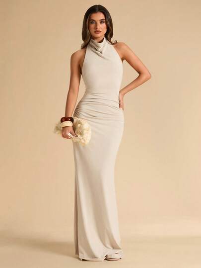 SHEIN BAE Đầm đuôi cá xếp ly cổ yếm màu mơ, đầm màu mơ, đầm thanh lịch