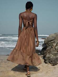 Breezaya New Metal Decor Vacation Style Spaghetti Strap Dress, Metal Decor On Chest, Sleeveless Long Beach Vacation Island Dress Dark Brown Summer Tropical - Brown - View 2