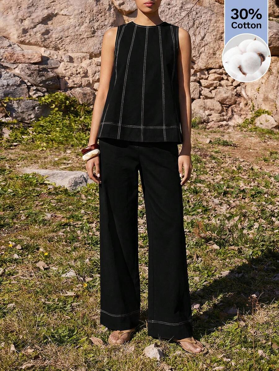 SHEIN Maija MAIJA 度假风荷叶边饰吊带背心和长裙两件套 - 黑色 - 查看 1