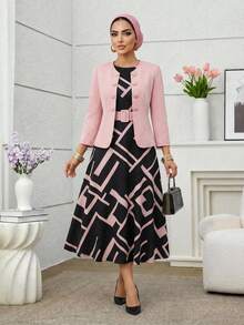 SHEIN Lady Bộ 2 món áo khoác trơn màu thanh lịch đi làm và váy không tay họa tiết hình học dành cho nữ - Nhiều màu - Xem 8