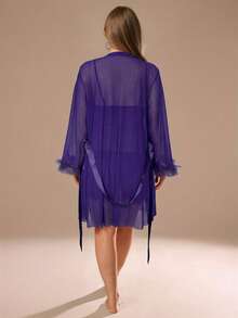 Auralis Plus Size Lace Patchwork Slip Dress & Bell Sleeve See-Through Robe Set, Waist Cinched Design - Purple - View 2