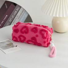 1 PC Heart Embossed Plush Cosmetic Bag, Cute & Stylish Large-Capacity Storage Bag, Multi-Functional Student Pencil Case & Sundries Organizer, Zippered Large-Opening Portable Travel Bag With Wrist Strap, Ideal For Women & Girls, Perfect For Daily Use & Back-To-School - Multicolor - View 4