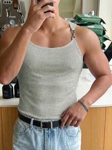 Manfinity Dauomo 男士修身舒适透气金属肩带背心，夏季 - 淺灰色 - 查看 4