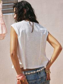 SoleilVie Bohemian Style Ivory White 100% Cotton Sleeveless Top, Colorful Floral Embroidery On Side, Loose Fit, Ruffle Hem, Vacation Casual Top - White - View 5