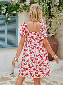 SHEIN Maternity Floral Print Ruched Casual Vacation Puff Sleeve Dress - Multicolor - View 2