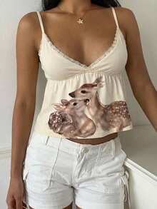 CovetEZ 女士春夏休闲吊带背心，春夏上衣，杏色小鹿印花蕾丝吊带背心，甜美家居上衣，个性化动物印花蕾丝吊带背心，甜美小鹿上衣，小鹿蕾丝拼接吊带背心 - 彩色 - 查看 4
