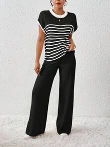 EMERY ROSE Women's Contrast Color Loose Casual Drawstring Knit 2 Pieces Set - Black - View 6