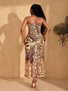 Lunelith SHEIN Lunessa 安卡拉度假豹纹无肩带修身中长连衣裙（女款） - 棕色 - 查看 2