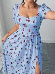 Elenzga Vestido plus size feminino com mangas pétala, costas abertas, fenda e modelagem evasê. - Azul - Ver 6
