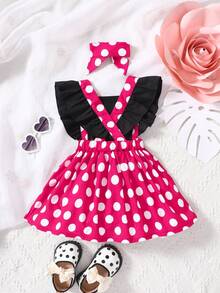 SHEIN Playful Pals 女嬰可愛粉白波點夏季生日洋裝 玫瑰紅荷葉袖吊帶蝴蝶結裝飾 優雅派對穿搭 旅行適用 - 玫紅色 - 查看 2